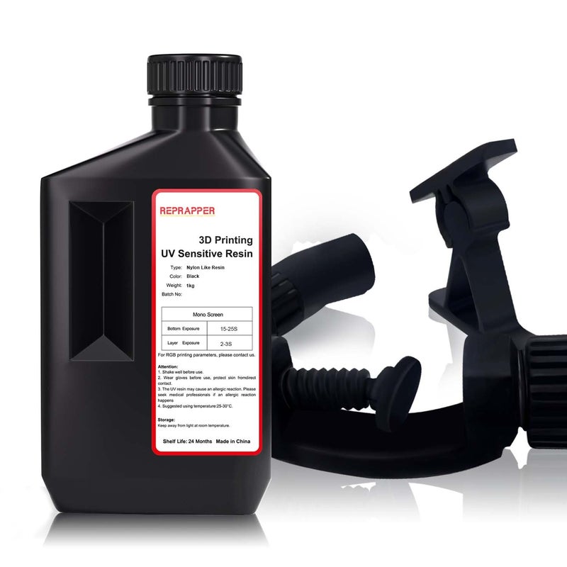 RepRapper Store Nylon-Like Strong 3D Printer Resin, Functional High-Resolution 3D Printing Resin, Impact-Resistant and Durable 405nm Fast UV-Curing Standard Photopolymer Resin for LCD Printer, Black 1000g - Image 1